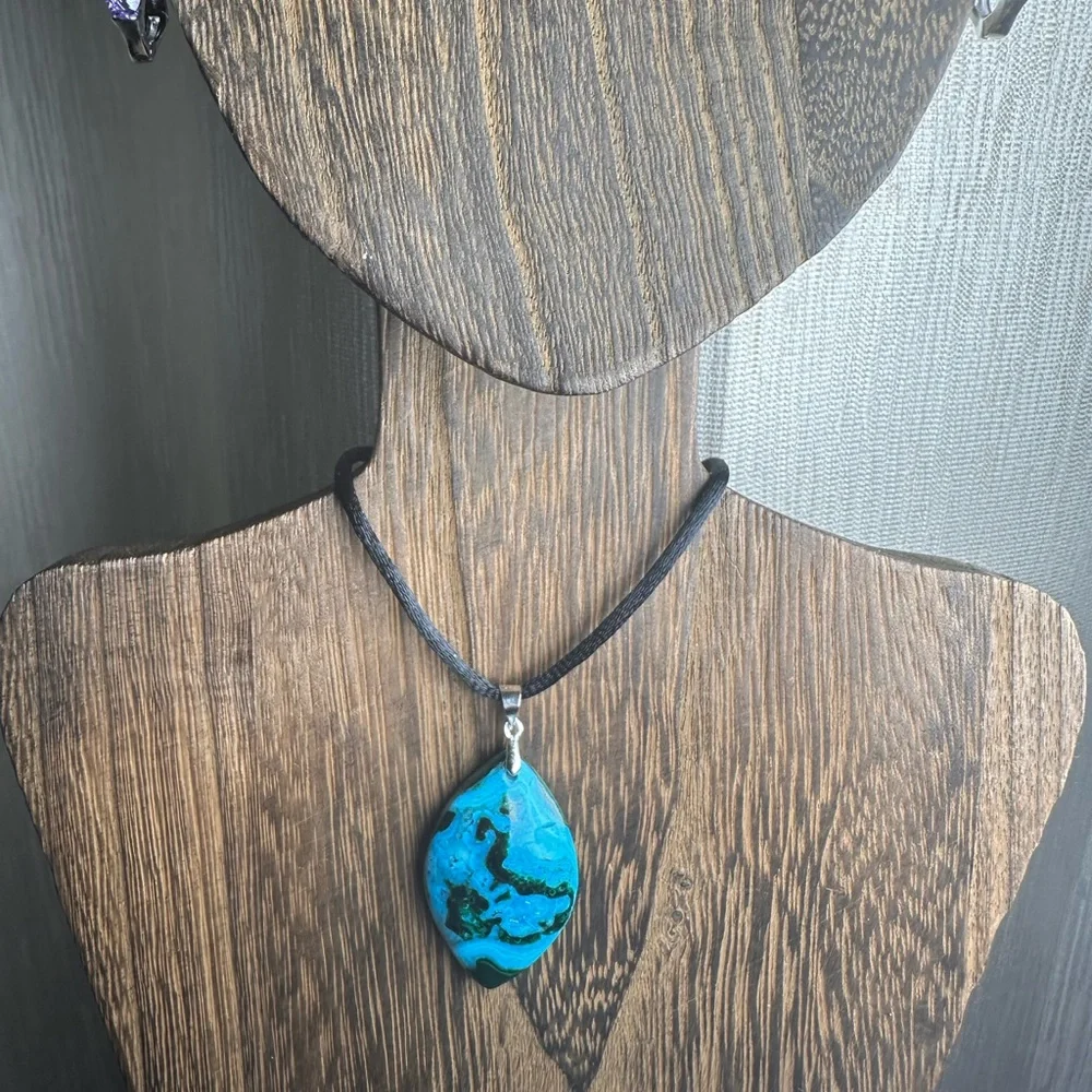 Chrysocolla Teardrop Pendant Necklace on Black Rope - Picture 9 of 14